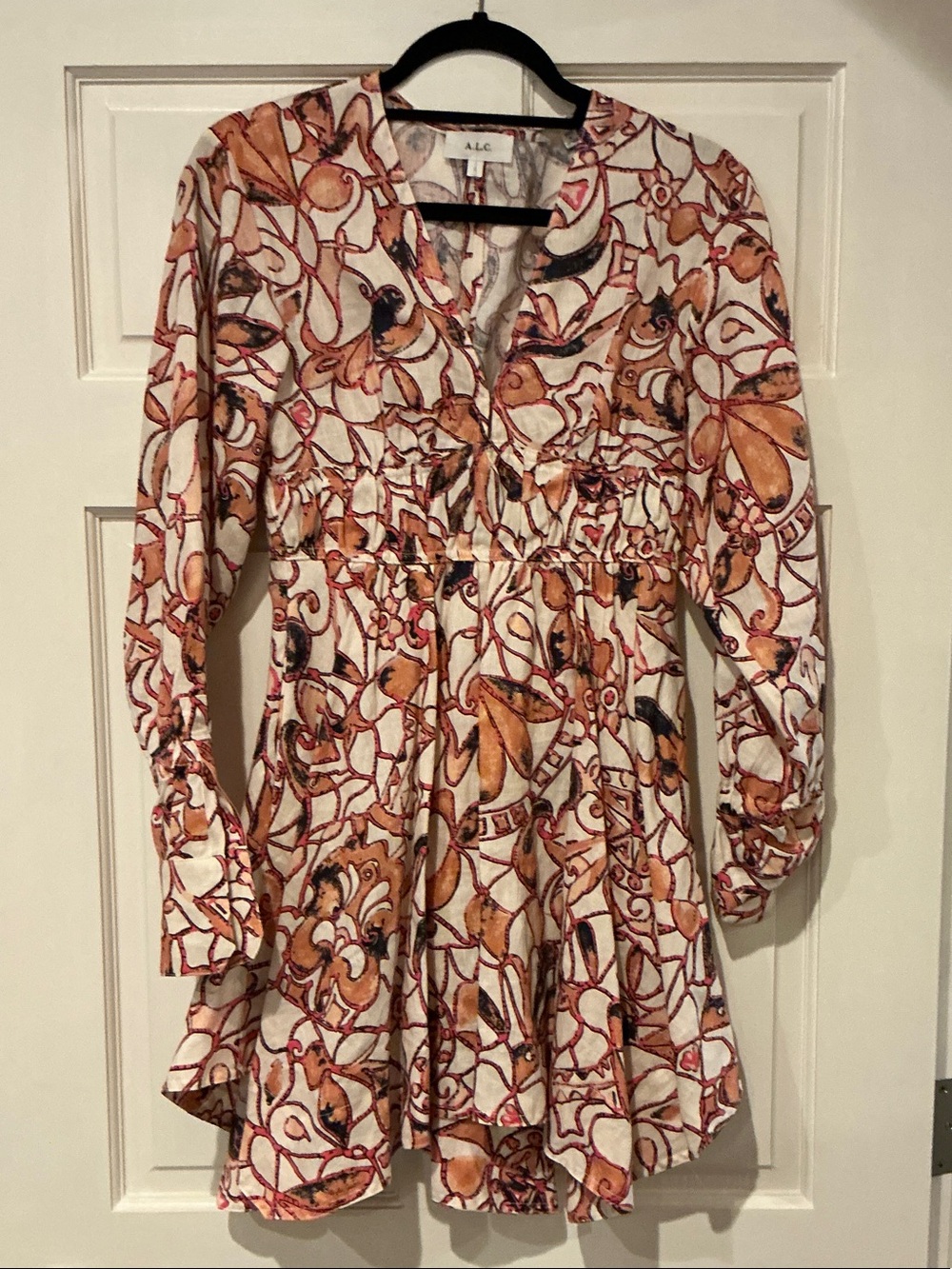 A.L.C. Women's Cream and Rust Printed V-Neck Dress